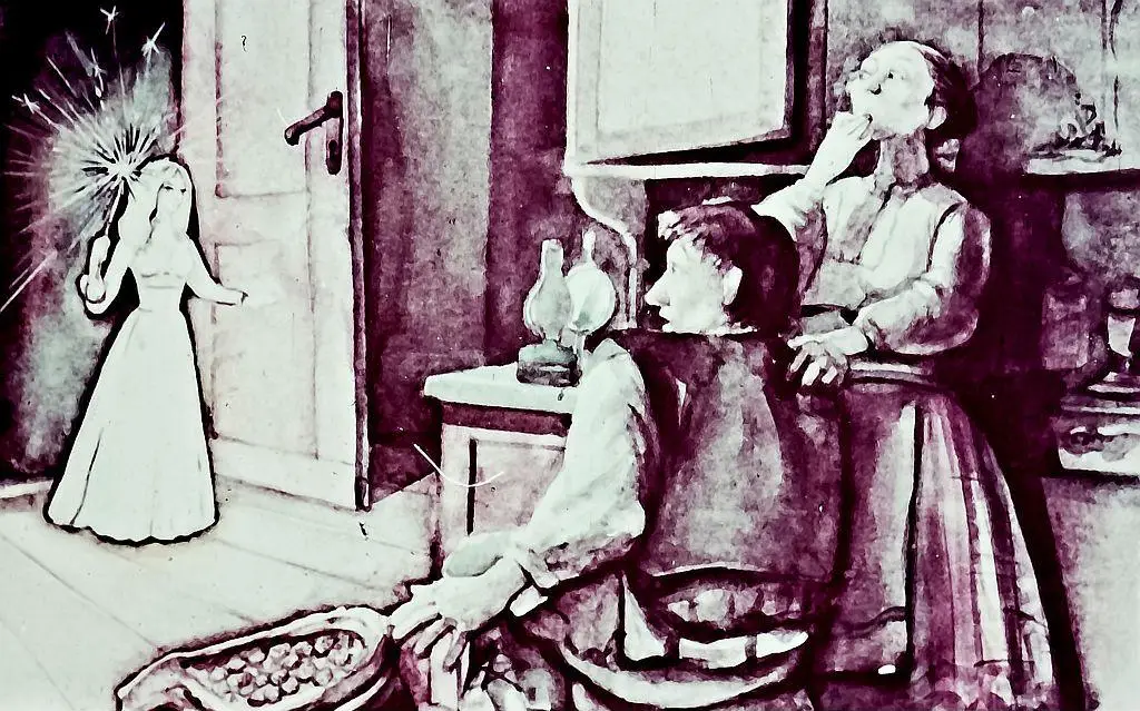 O ilustrație în care o fetiță cu o băț de fulgere se află în fața unui bărbat și a unei femei într-o cameră veche. Bărbatul stă pe un scaun în fața unei mese, iar femeia se află lângă el, având un gest de mirare. Fetița pare să fie un personaj fantastic, adăugând o notă de magie scenei.