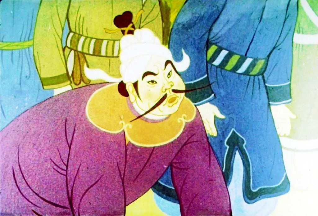 O ilustrare care prezinta o scena dintr-o poveste, cu un car tras de doi cai, talhari si o fata, in timp ce se afla intr-o padure.