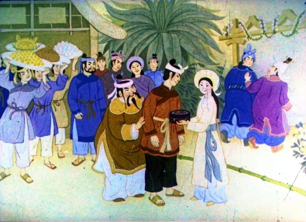 O ilustrare cu o fetita care discuta cu un ren in Laponia, inconjurata de un peisaj de iarna colorat.