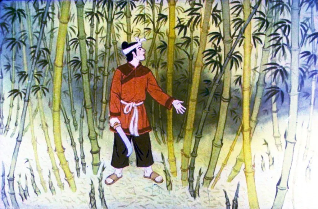 Scenă tradițională vietnameză prezentând argatul căutând cu nedumerire bambusul uriaș printre desișurile junglei