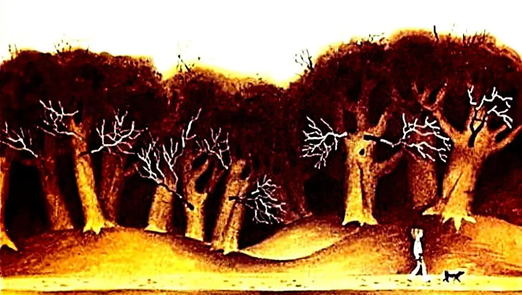 Imagine cu o scenă inspirată din povestea lui Oz, cu un peisaj de arbori și o persoană care poartă pantofi fermecați.