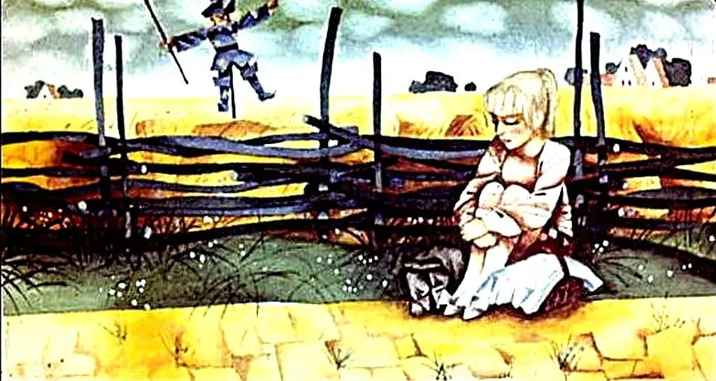O ilustrație cu o fetiță numită Dorothy, care stă pe marginea unui lan de grau, privind confuză în jur. În fundal, o sperietoare stă pe un stâlp, arătând un drum. Textul narrativ descrie dilema lui Dorothy despre direcția de urmat pentru a ajunge la Vrajitorul din Oz.
