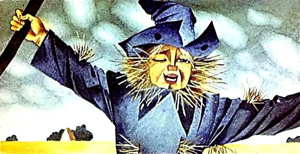 Ilustrație cu o sperietoare de ciori vorbind, cu un peisaj de câmp în fundal.