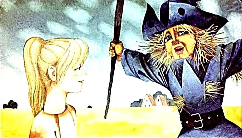 Ilustratie cu o fata si un personaj misterios in desert, in drum spre Orasul Smaragdelo.