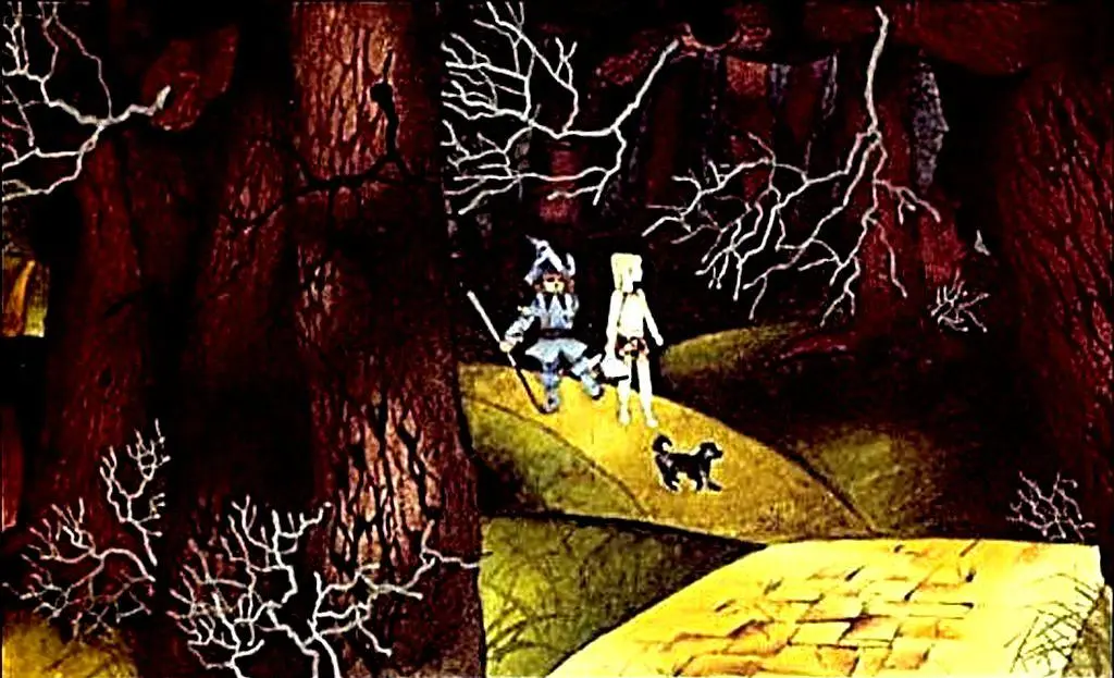 Ilustrație cu personaje care merg pe un drum de cărămizi galbene într-o pădure întunecată.