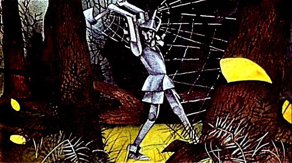 Imaginea ilustrează un peisaj forestier cu un personaj din metal care pare a fi un taietor de lemne, într-o poziție ciudată, îndreptându-se spre un bidon de ulei.