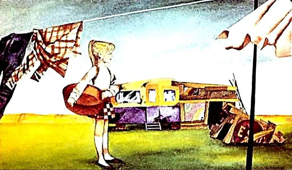 Desen cu o fetiță numită Dorothy într-un peisaj din Kansas, înconjurată de elemente de natură și construcții, care ilustrează povestea sa.