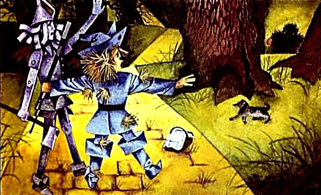 Ilustrație animată cu doi prieteni pe un drum, căutându-l pe capcaunul care a răpit-o pe Dorothy.