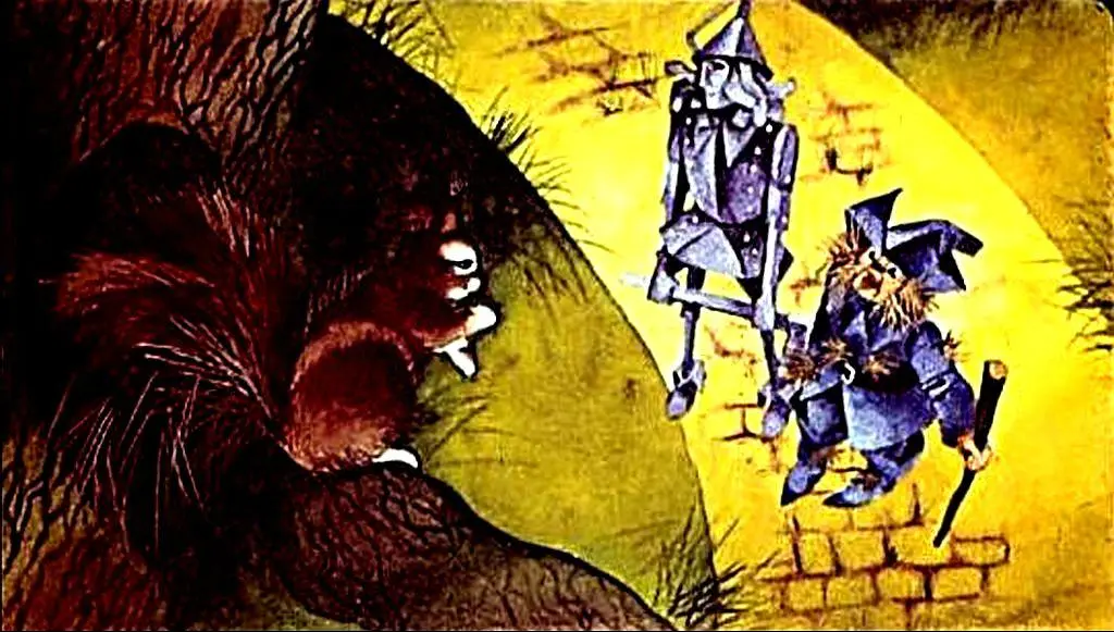 Ilustrație cu o veveriță într-un copac care oferă indicații unor personaje despre capcaunul castelului.