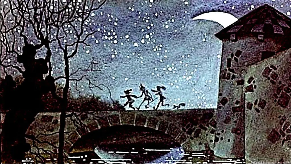 O ilustrație cu un peisaj de noapte, în care trei persoane traversând un pod, sub un cer plin de stele.