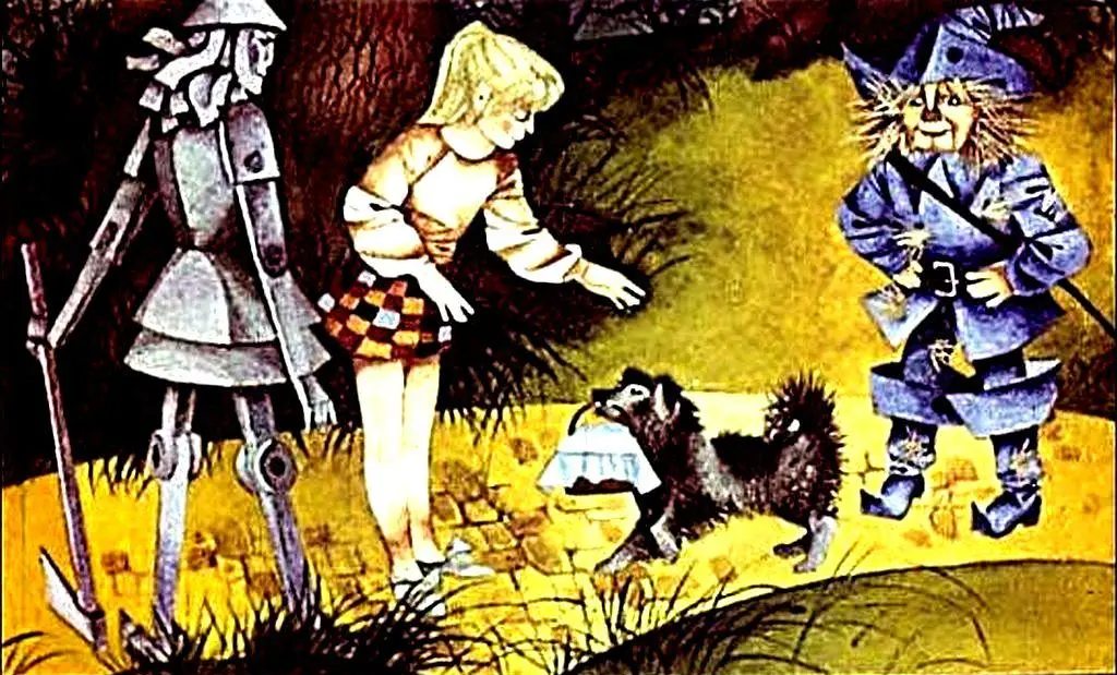 Ilustrație din povestea lui Oz, cu personaje fantastice și o scenă din aventurile lui Dorothy.