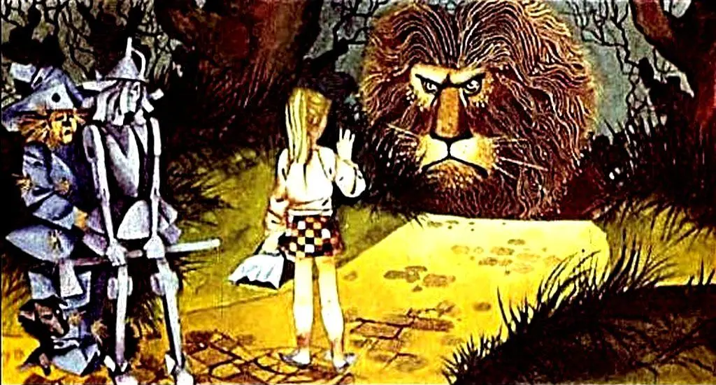 Ilustrație cu un leu mare și fioros întâlnit de un grup de personaje, inclusiv o fetiță, pe un drum. Textul de fundal explică reacțiile personaje.