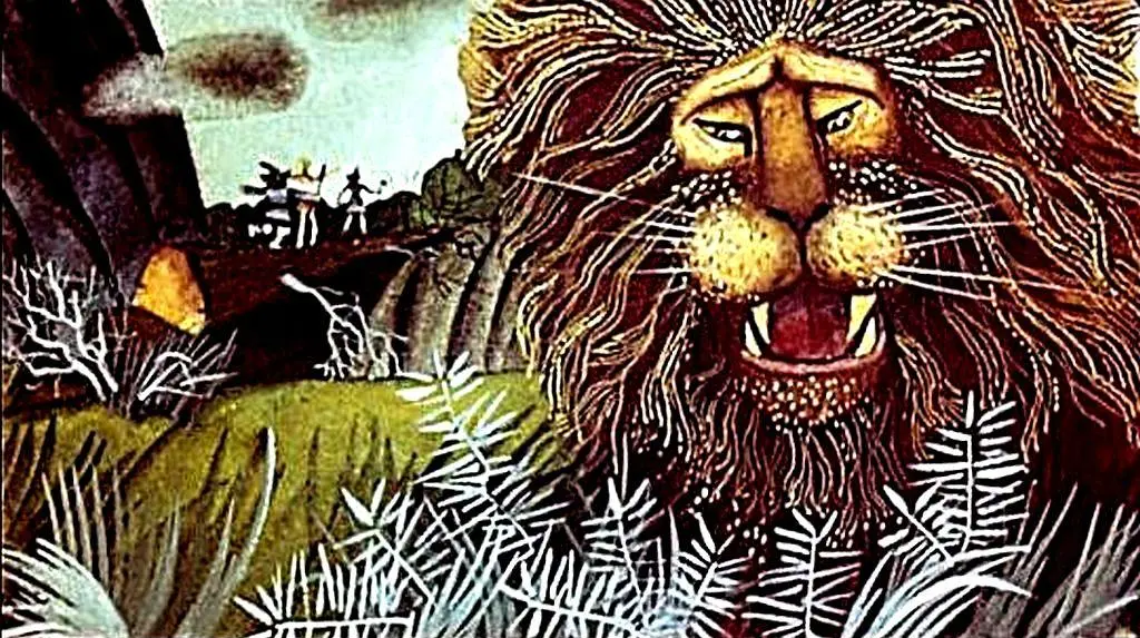 Ilustrație cu un leu și doi tigri într-un peisaj de vegetație.