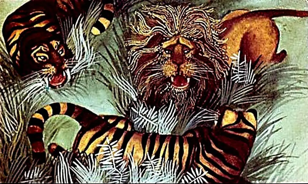 Ilustratie cu tigri pe un buestean, insotita de un fragment de text narativ.
