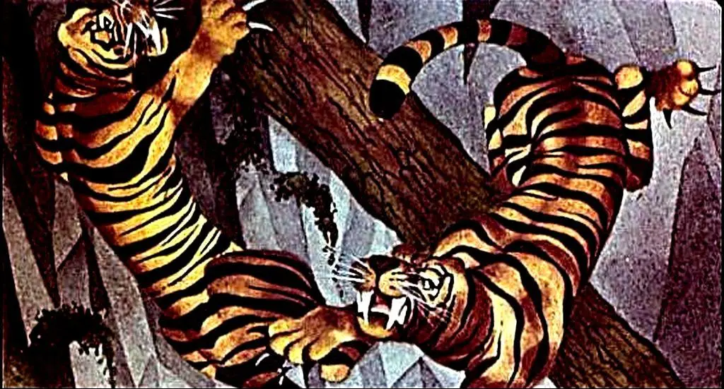 Ilustrare cu eroii ajungand la marginea orasului de Smaragd, inconjurati de un peisaj in tonuri de verde.