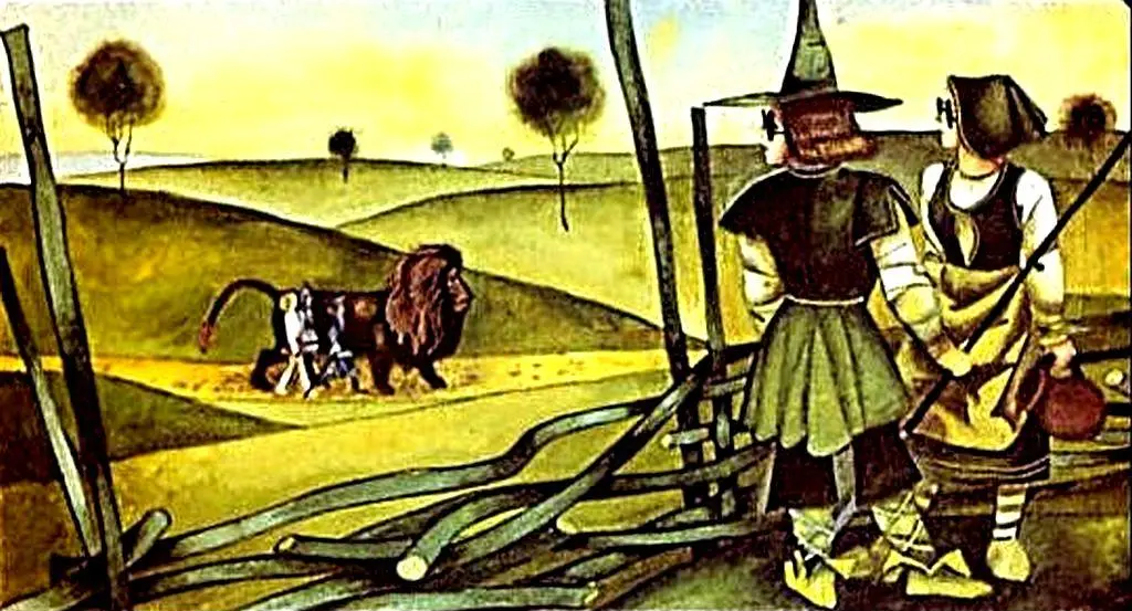 Ilustrare cu cinci prieteni întâmpinând un personaj amabil în Orasul de Smaragd, cu detalii despre stralucirea smaragdului în decor.