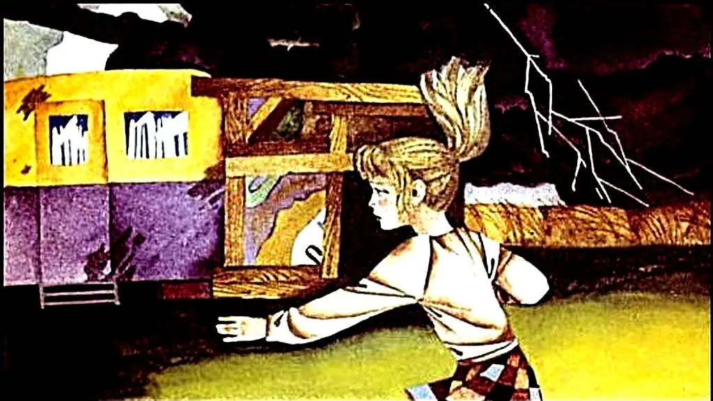 Ilustrație a unei fetițe numite Dorothy, care se află într-o scenă tumultoasă cu un ciclon, demonstrând o stare de panică.