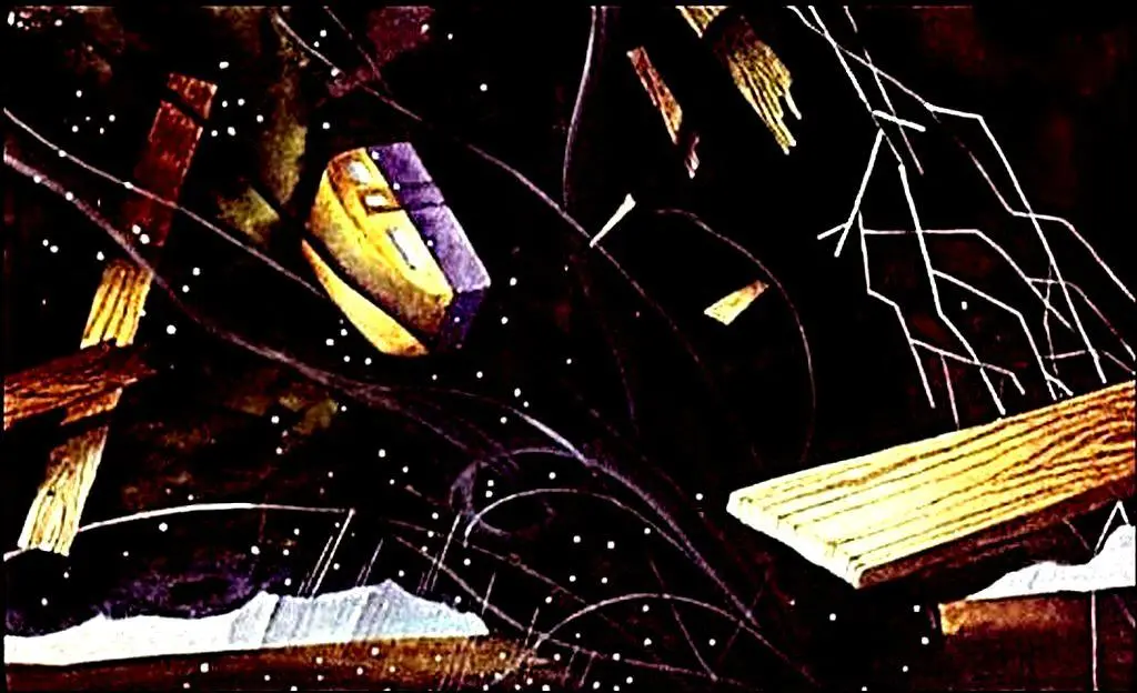 Un peisaj artistic cu viziuni abstracte, ilustrarea unei case afectate de un ciclon, cu detalii de lemn si un fundal întunecat.