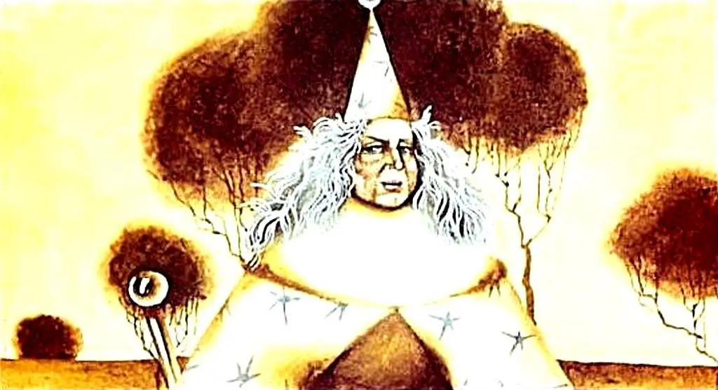O ilustrație care o înfățișează pe Dorothy discutând cu o vrăjitoare, cu un peisaj de copaci în fundal.