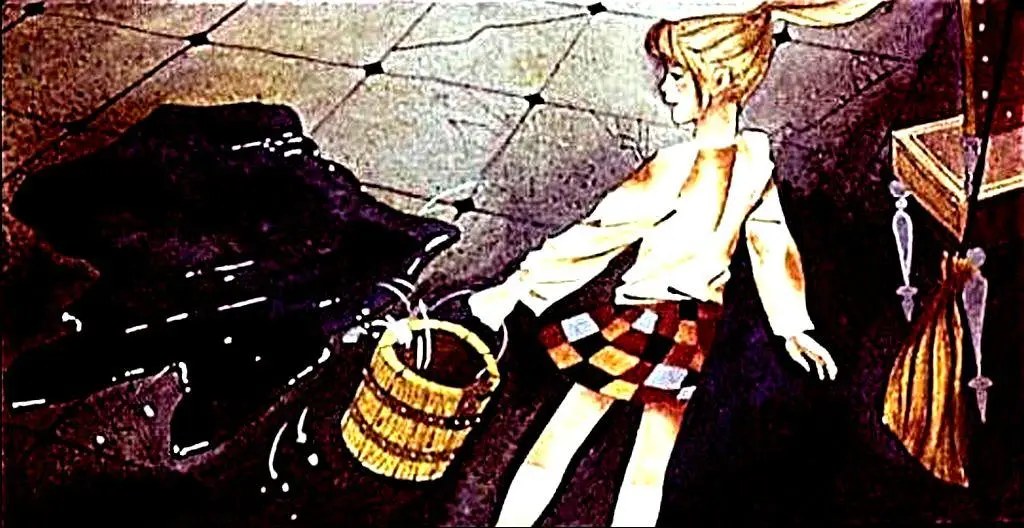 Ilustrație cu Winkinezii sărbătorind eliberarea lui Dorothy, cu personaje de basm în fundal.