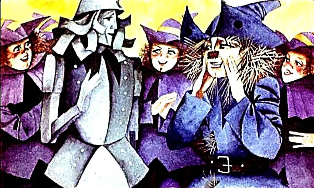 Ilustrație cu un leu, Toto și o mulțime de oameni, având text despre eliberarea lor dintr-un castel.