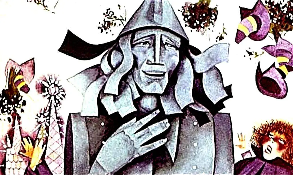 O ilustrație cu un peisaj colorat, o persoană și un leu pe o cărare, cu un text de poveste scris în partea de jos.