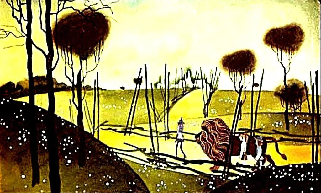 Ilustrație care prezintă o scenă dintr-o poveste, cu personaje în fața unui castel, ascultând o voce misterioasă.