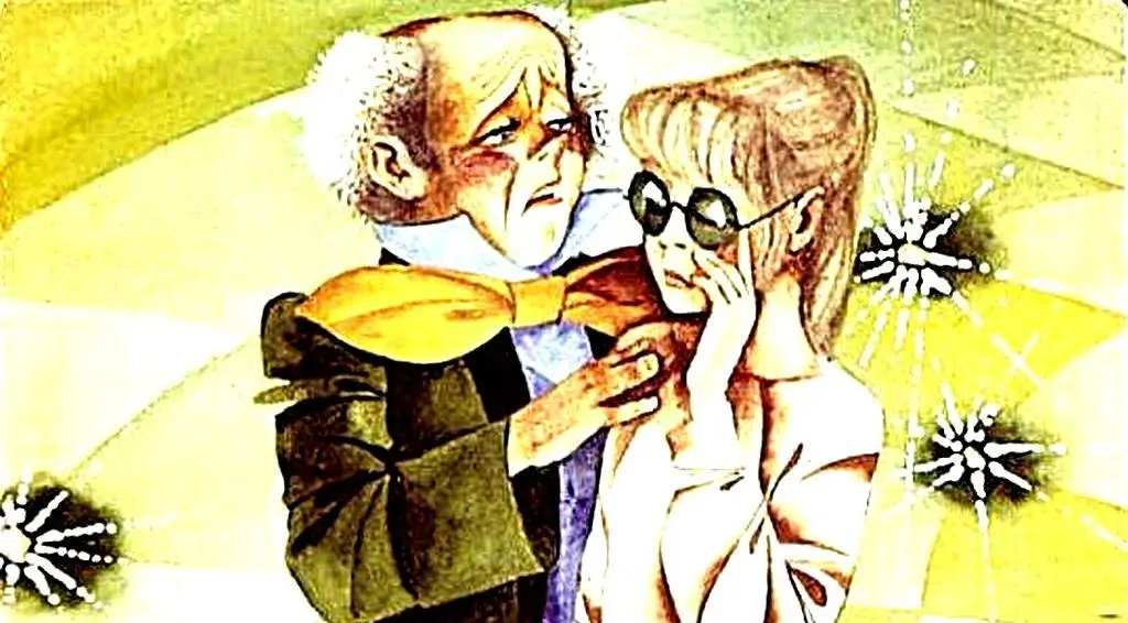 O ilustrație care arată o discuție între un bărbat și o femeie, cu text despre aventurile lui Dorothy în Kansas.