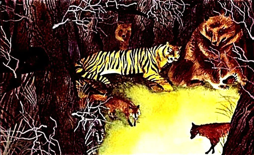 Imagine cu un tigru vorbind cu alte animale despre distrugerea unei lighioane în pădure.