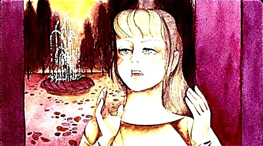 Ilustrare dintr-o poveste, prezentând personaje fantastice și un peisaj colorat.