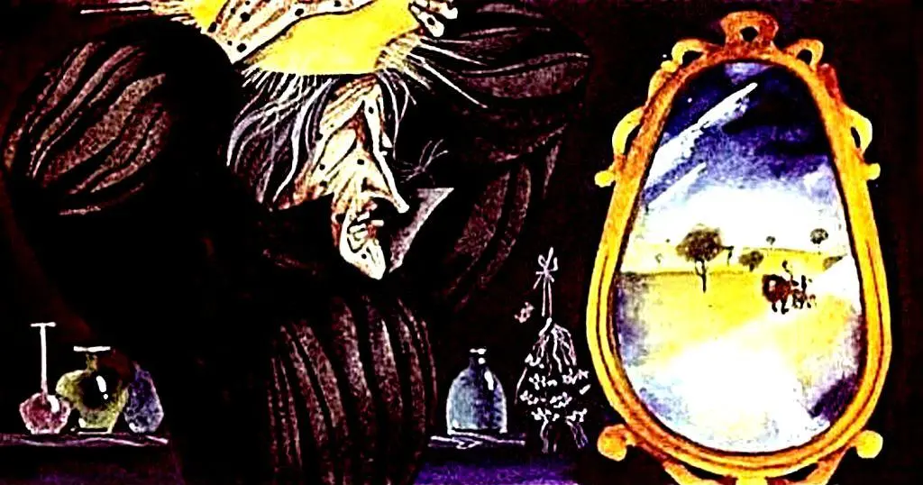 Ilustrație care prezintă o scenă dintr-o poveste, cu o vrăjitoare și personaje fantastice.