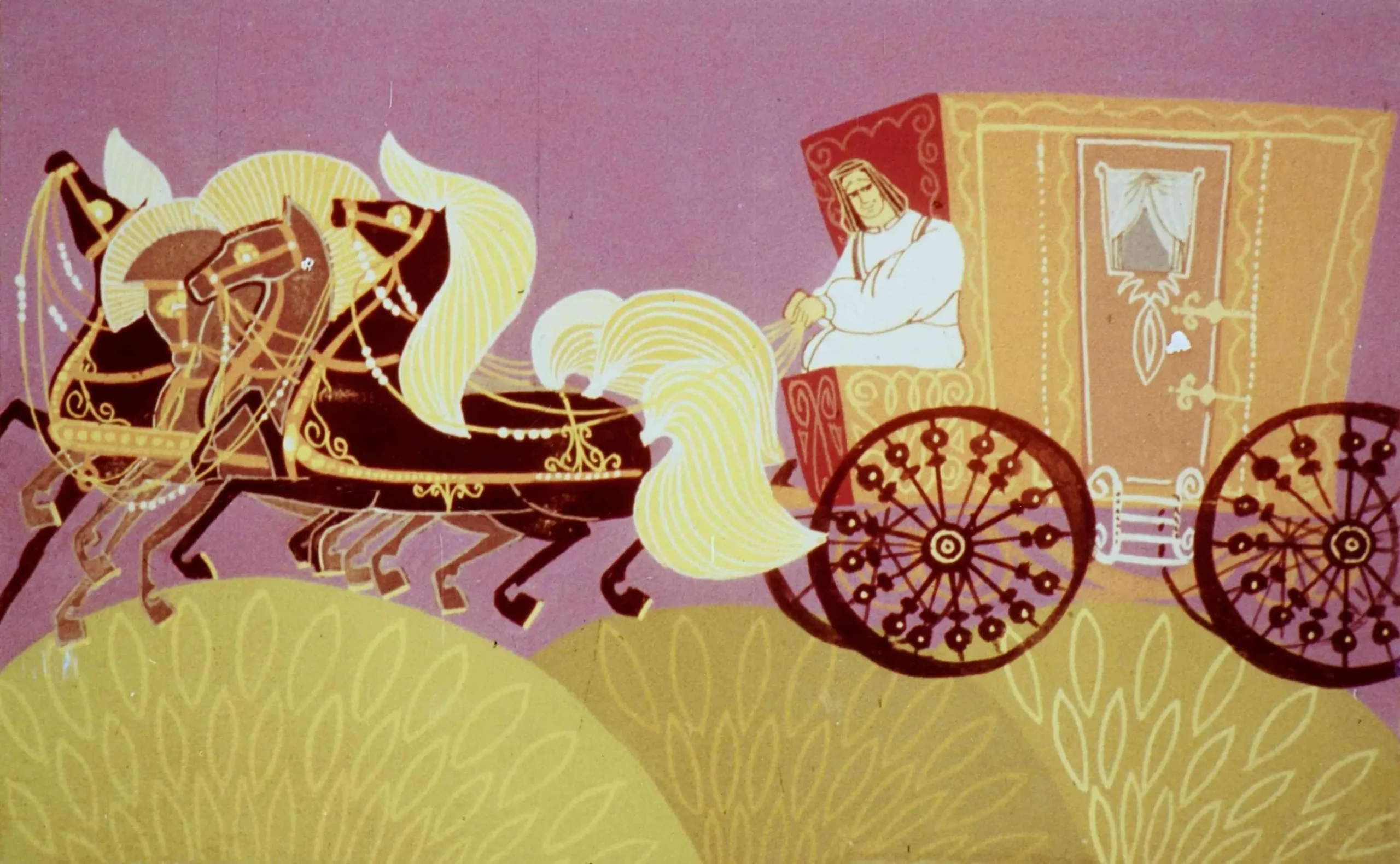 Ilustrație artistică cu o trăsură trasă de cai, cu un text care vorbește despre patru cai și patru sori.