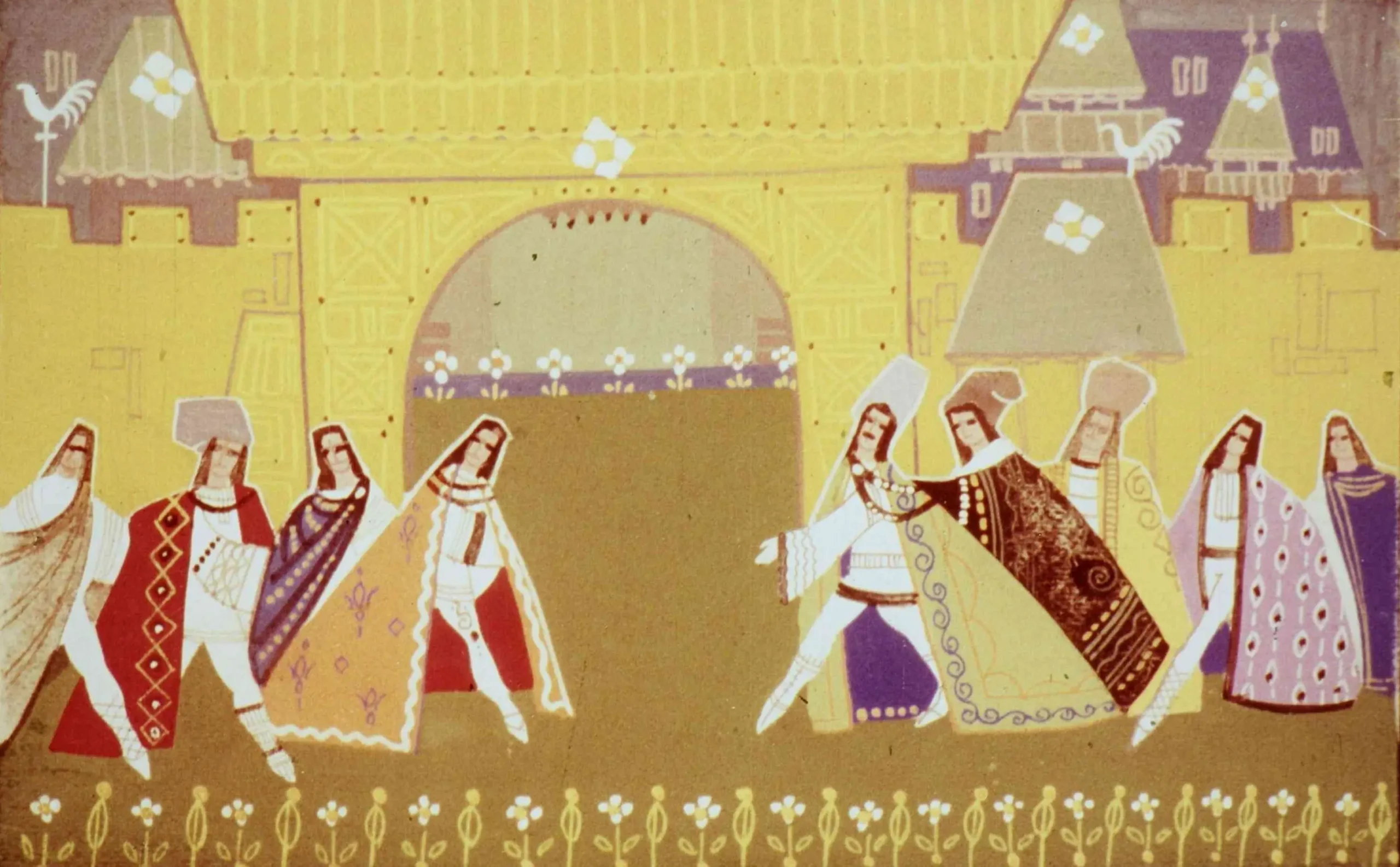 Ilustrație colorată cu motive folclorice, însoțită de text poetic despre originea și diversitatea regilor, reprezentată prin figuri stilizate și un peisaj vibrant.
