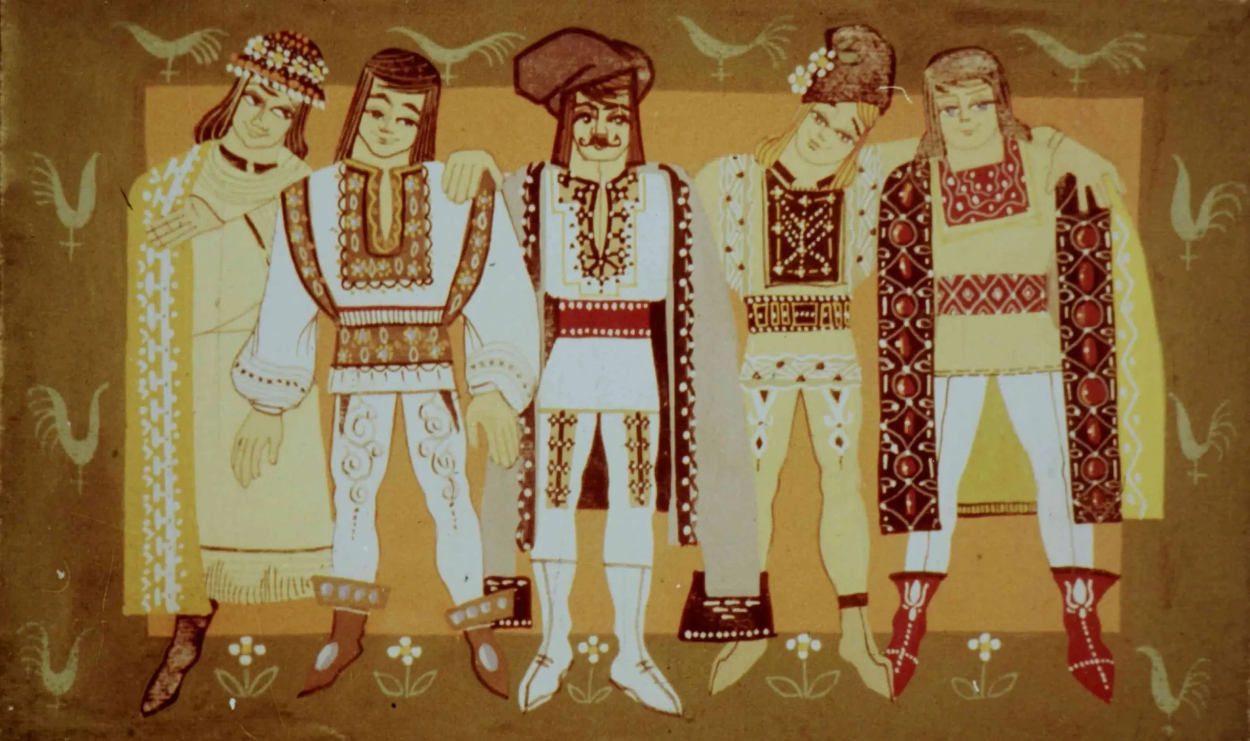 Imagine cu patru bărbați îmbrăcați în costume tradiționale românești, stând în grup. Sub ei este un text explicativ.