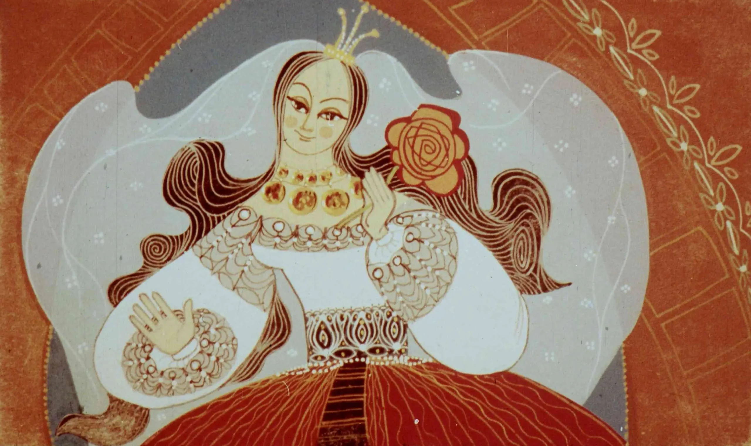 Ilustrație artistică cu o figură feminină în haine tradiționale, având un trandafir roșu în mână, fundal decorat.