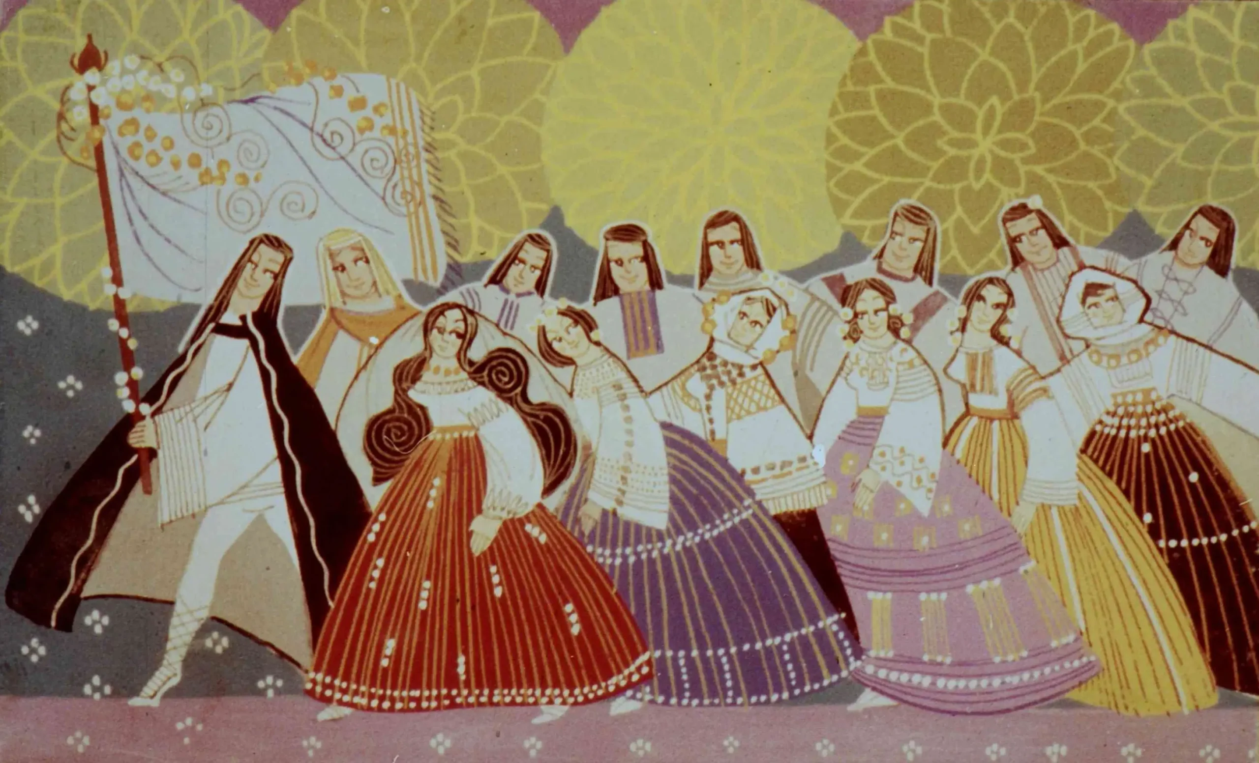 O ilustrație colorată cu personaje tradiționale îmbrăcate în costume populare, reprezentând o scenă culturală.