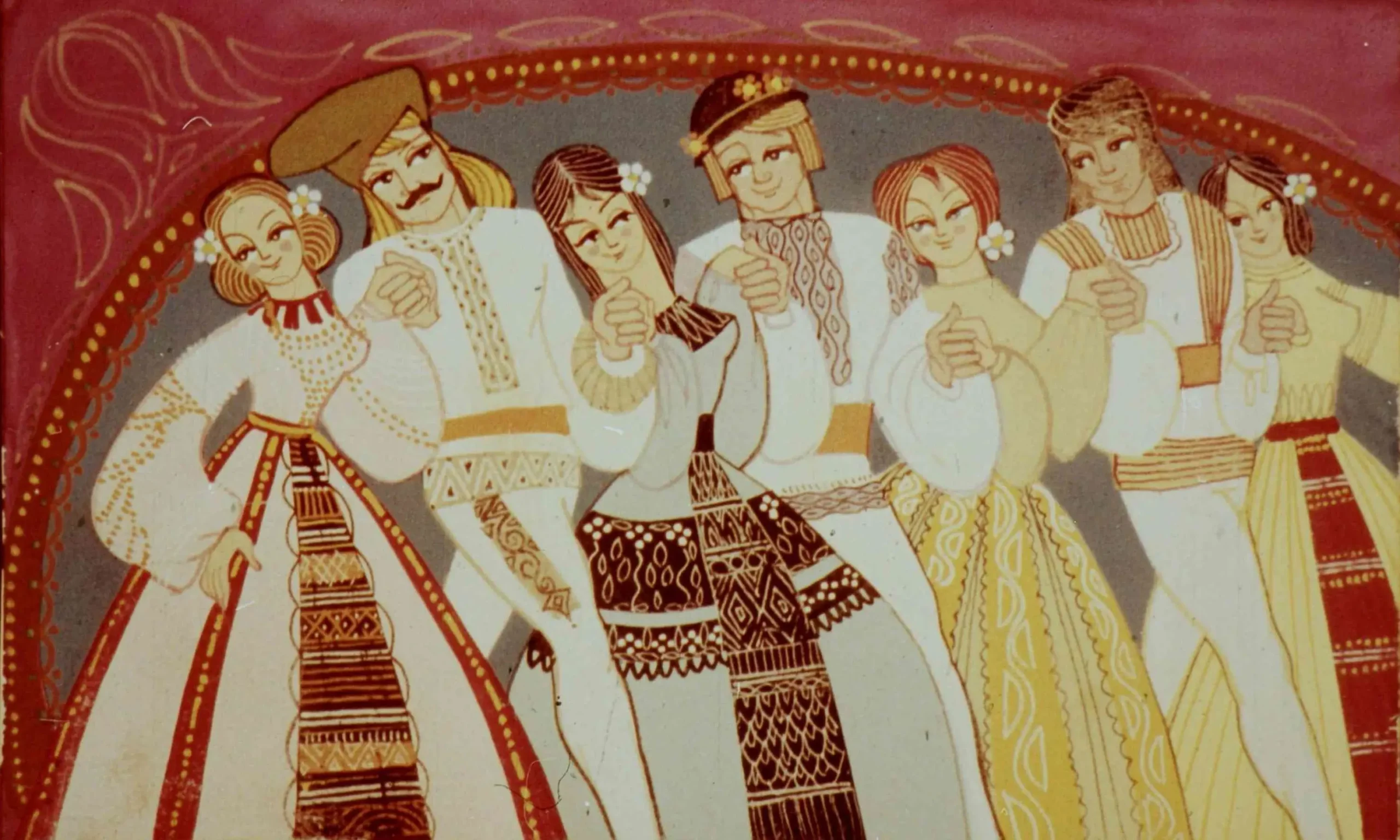 Ilustrare cu text referitor la dansuri populare, prezentând un grup de oameni îmbrăcați în costume tradiționale.