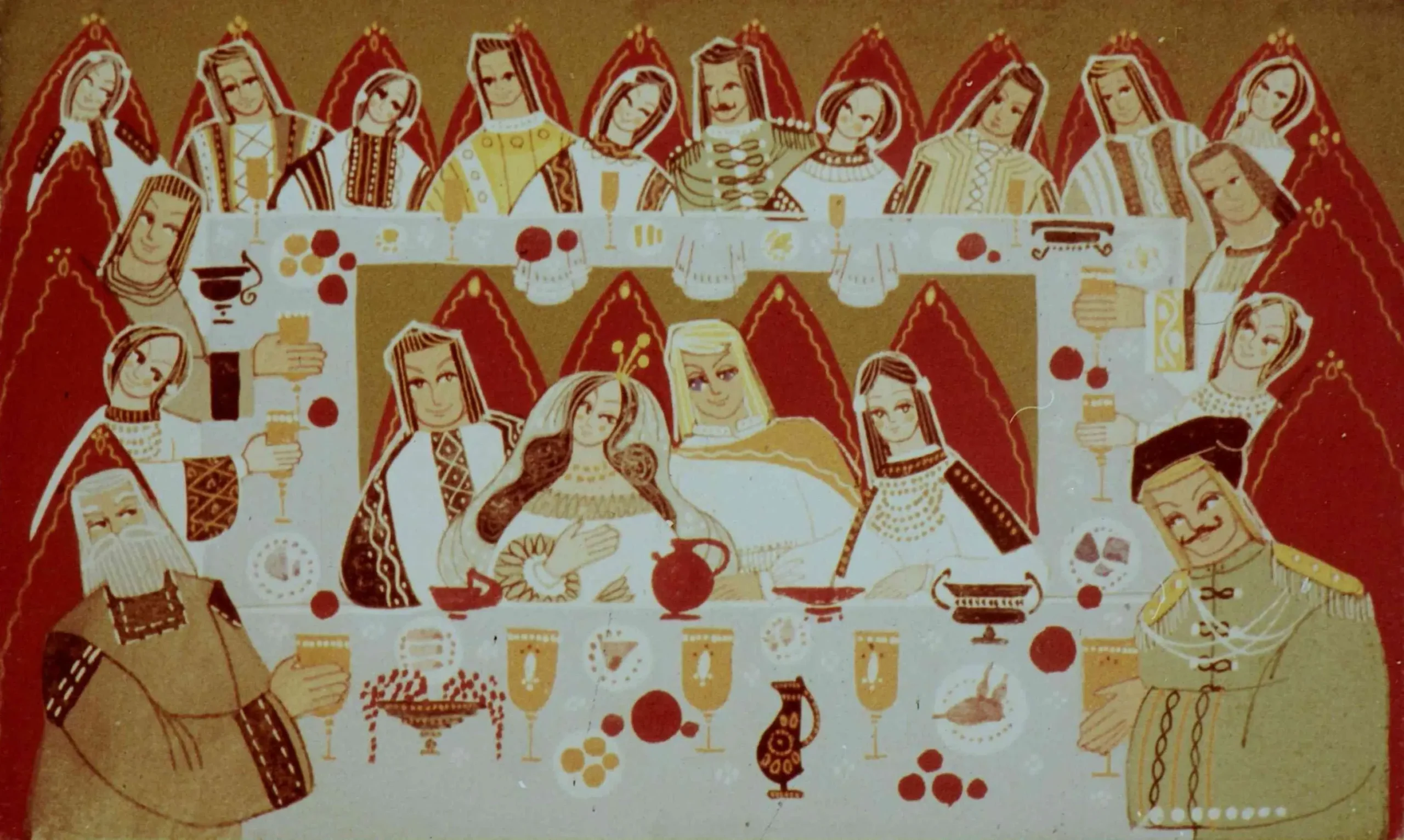 Ilustrație artistică cu o scenă festivă plină de oaspeți, înconjurați de mese încărcate cu băuturi și mâncare.