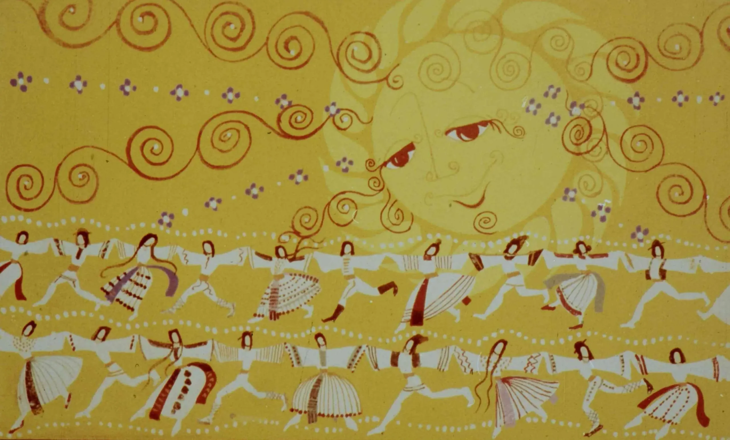Imagine artistică cu un text poezie pe fundal galben, cu ilustrații de dansatori și un soare zâmbitor.