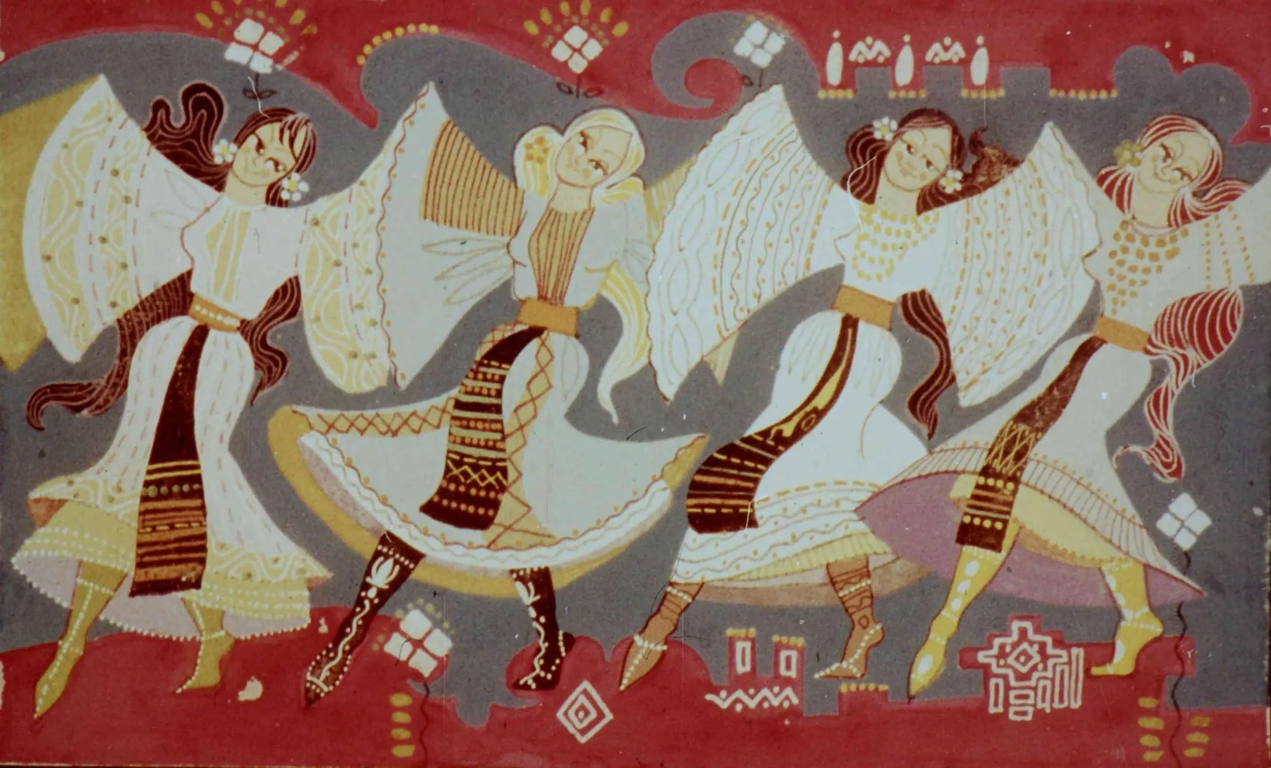 Ilustrație colorată ce prezintă dansatoare în costume tradiționale, înconjurate de motive decorative.