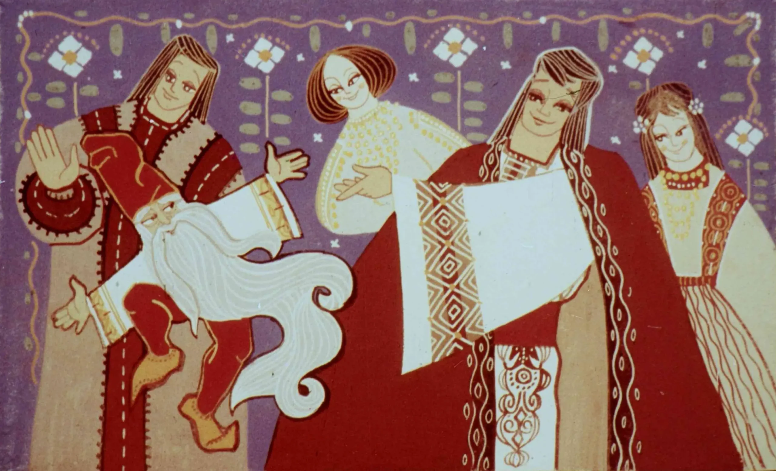 Ilustrație cu un grup de personaje, inclusiv un rege, două femei și un pitic, fiecare îmbrăcat în costume tradiționale, cu un fundal colorat și detalii decorative.