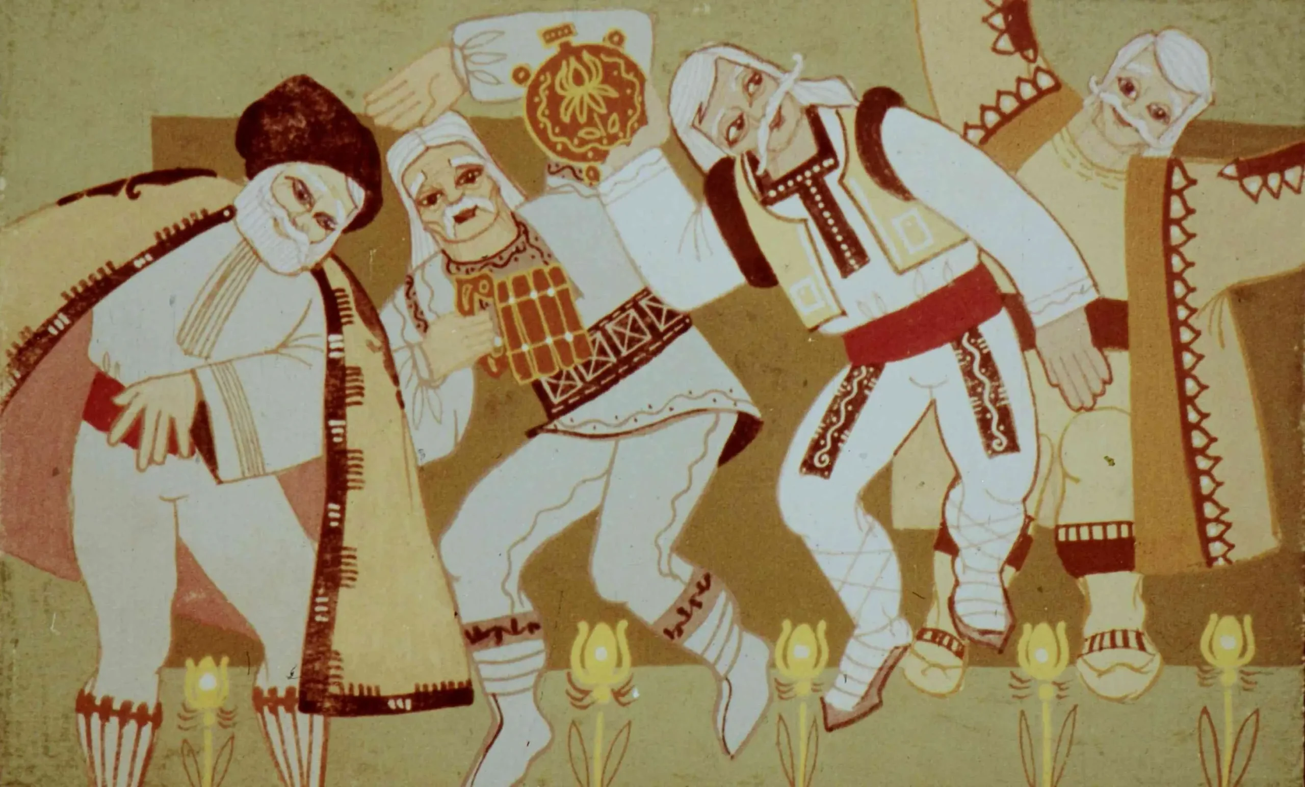 Imagine artistică cu personaje tradiționale în costume populare, reprezentând un moment cultural, cu text pe fundal.