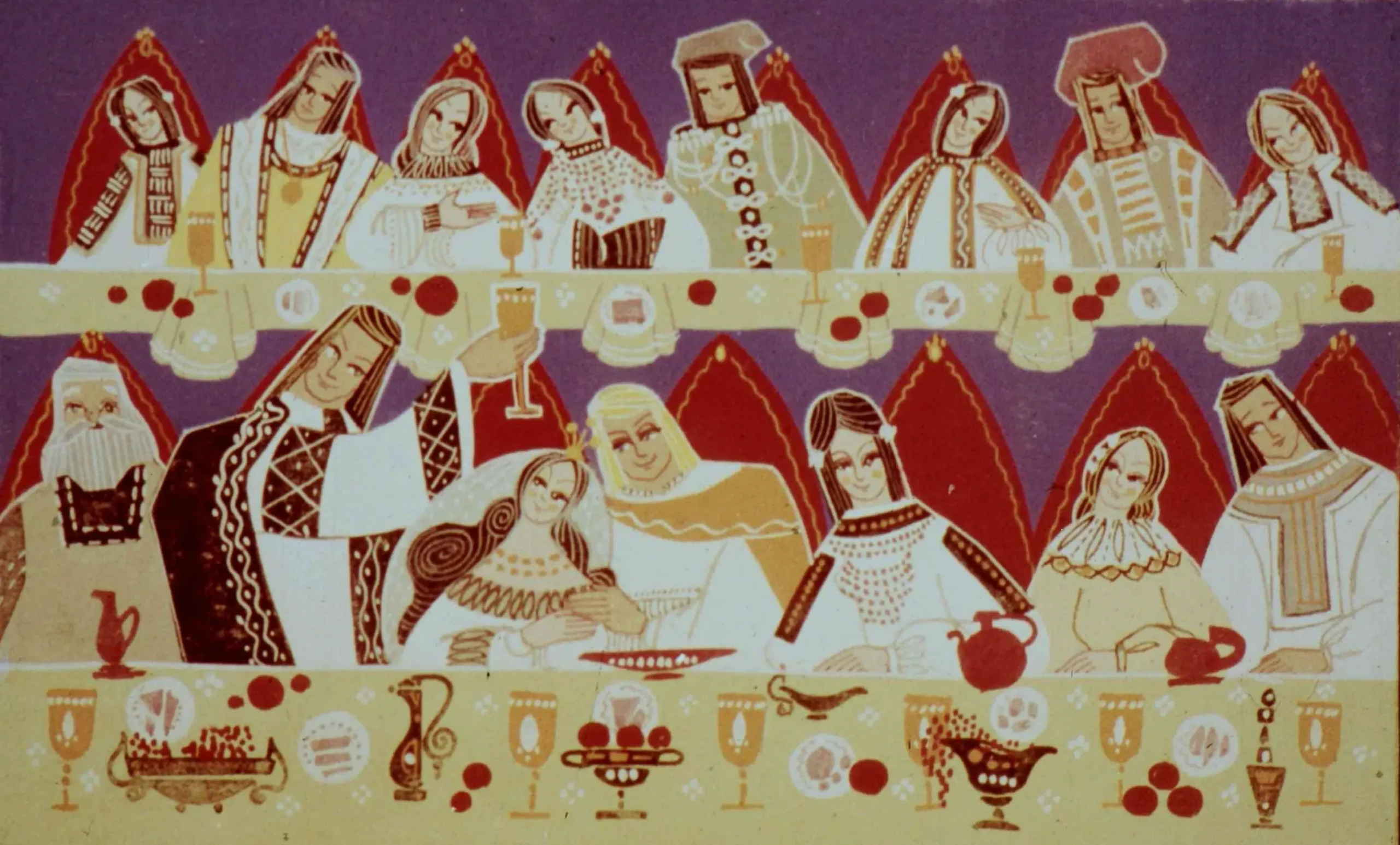 Ilustrație cu personaje tradiționale românești adunate la o masă, celebrând un moment festiv.