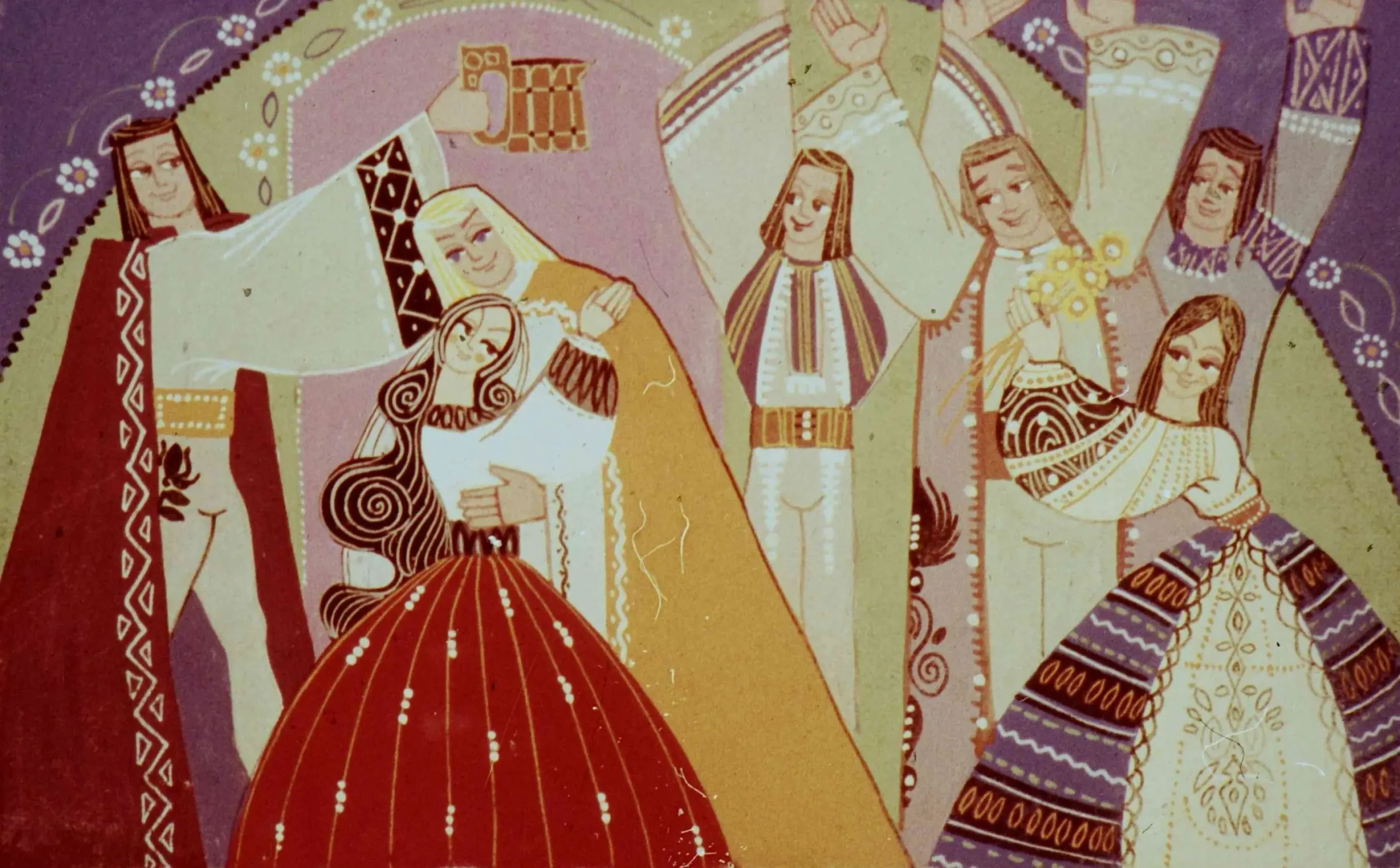 Ilustrație colorată reprezentând o scenă de festivitate cu oameni îmbrăcați în costume populare, dansând și celebrând.