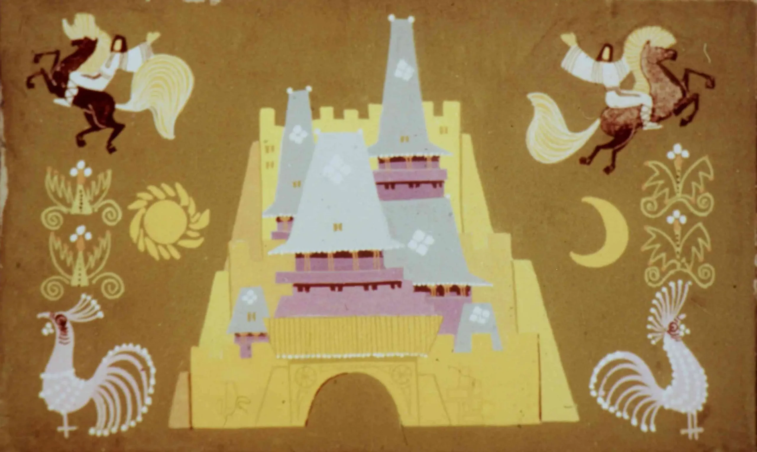 Imagine artistică cu un castel și figuri de călăreți, însoțită de text în limba română.