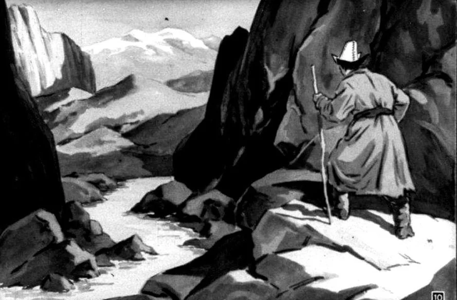 Ilustrație cu un peisaj montan, în care un bărbat cu pălărie explorează un râu și munți în fundal, reflectând o poveste de perseverentă.