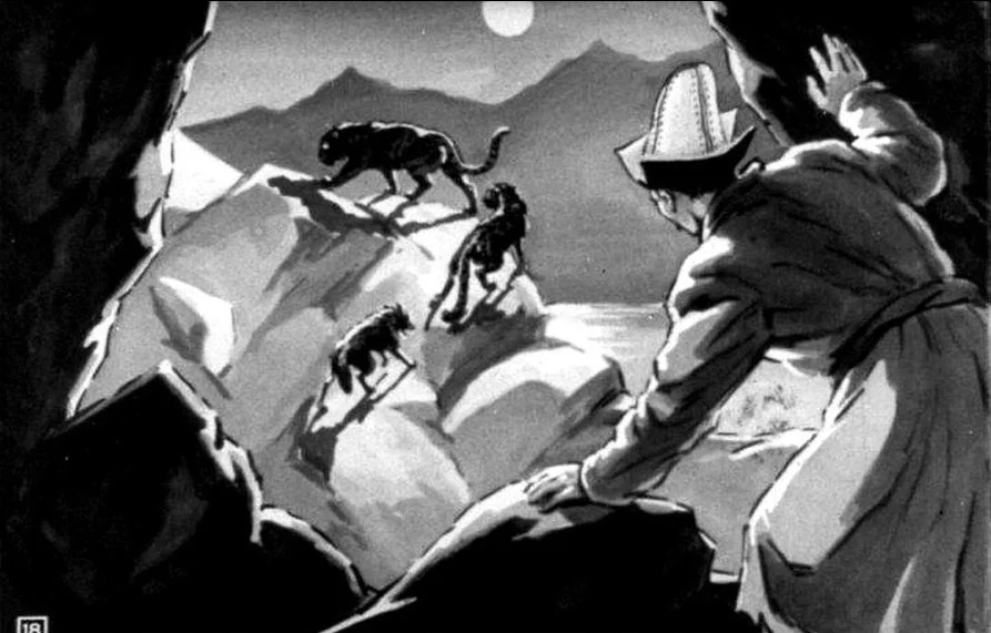 Ilustrație în alb-negru cu un bărbat care privește către trei animale de pe o stâncă, cu un peisaj dramatic în fundal.