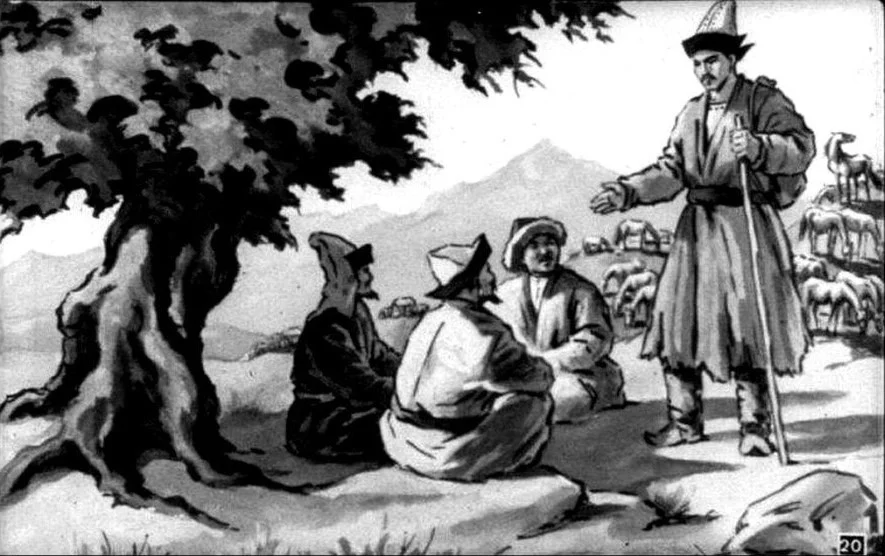 Ilustrație cu personaje discutând într-un peisaj pastoral, despre herghelia de cai.