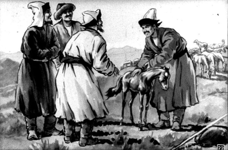 Patru bărbați stau într-un peisaj rural, discutând și un bărbat ține un mânz.