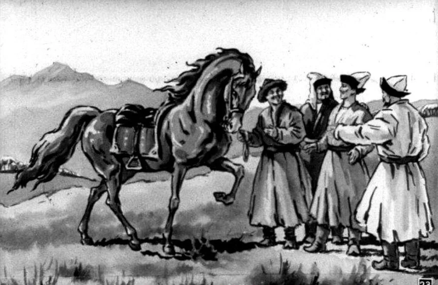 Ilustrație cu un cal, un grup de trei bărbați și un tânăr, discutând despre o transformare magică.